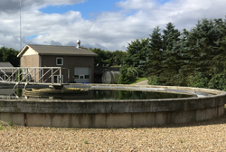 Spildevandstank med bygning i baggrunden.