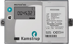 Billede af varmemåler Multical 602, en grå kasse med et display.