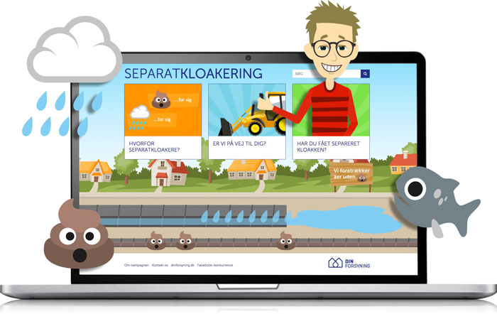 En bærbar computer der er åbnet op på en hjemmeside med overskriften "Separatkloakering". Foran computeren er en lorte-emoji, en tegnet regnvejrssky og en tegnet fisk.